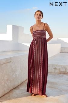 Wine Embroidered Maxi Summer Dress With Linen (410934) | R834