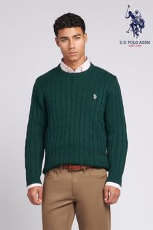 Zielony - Męski sweter U.S. Polo Assn. z okrągłym dekoltem i splotem warkoczowym (411145) | 410 zł