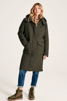 Joules Chatsworth Green Showerproof Long Diamond Quilted Coat With Hood (411362) | OMR77