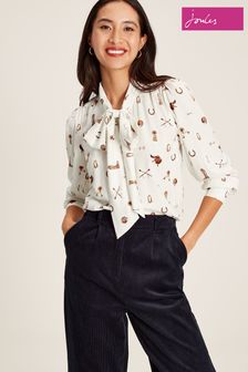 Equestrian White - Joules Everly Tie Neck Blouse (412020) | DKK605