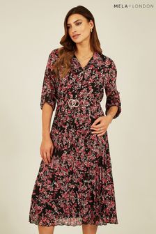 Mela Black Blossom Print Pleated Skirt Midi Dress (412974) | 223 QAR