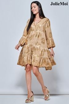 Srednje dolga obleka naravne barve s potiskom in prazničnim robom Jolie Moi (413349) | €37