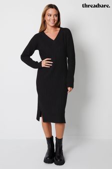 Threadbare Black Petite V-Neck Knitted Midi Dress (413561) | kr454