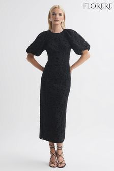 Florere Velvet Lace Puff Sleeve Midi Dress (415143) | SGD 538