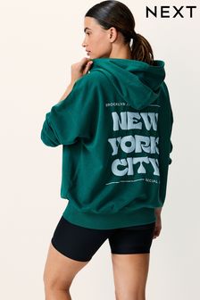 Dark Green Oversized Relaxed Fit New York Back Graphic Slogan Longline Hoodie (415452) | $52