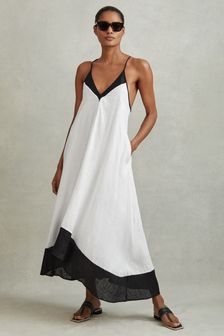Reiss Navy/White Stevie Linen Colourblock Cross-Back Midi Dress (415851) | €287