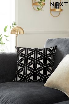 Black/White Square - Feather Filled Geometric Flock Cushion (415894) | €31
