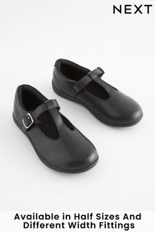 Black Wide Fit (G) Junior Leather T-Bar Shoes (416179) | $44 - $51