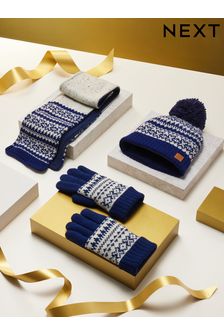 Navy Fairisle Knitted Hat, Gloves and Scarf 3 Piece Set (3-16yrs) (416456) | €14 - €16