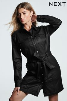 Black Coated Denim Mini Shirt Dress (416824) | $86