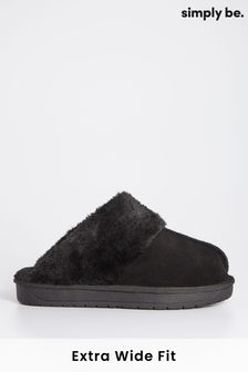 Simply Be Black Suede Slippers in Extra Wide Fit (417298) | €14.50