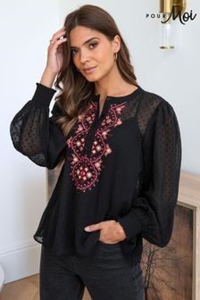 Pour Moi Black Embroidered Natasha Dobby Chiffon Long Sleeve Top (418002) | $84