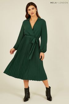 Mela Green Long Sleeve Wrap Pleated Midi Dress (418184) | $58