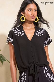 Love & Roses Black Embroidered Embroidered Shorts Sleeve Tie Detail Shell Top (418468) | 215 zł