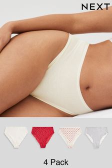 Cream/Grey/Red High Rise High Leg Cotton and Lace Knickers 4 Pack (418824) | €21