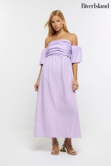 River Island Purple Ruched Bardot Poplin Dress (418849) | $77