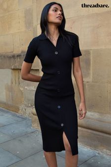 Threadbare Black Ribbed Mock Button Down Dress (419073) | €14