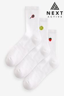 Embroidered Motif Cushion Sole Ribbed Sport Ankle Socks 3 Pack With Arch Support