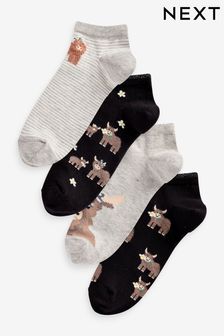 Monochrome Hamish the Highland Cow Trainers Socks 4 Pack (419370) | SGD 16