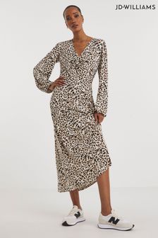 Kremowa sukienka midi Jd Williams z dżerseju z dekoltem w szpic, zwierzęcym nadrukiem i ozdobnym skręceniem (420010) | 215 zł