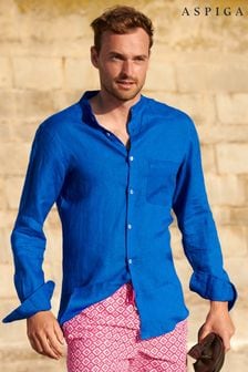 Aspiga Mens Blue Nehru Collar Premium Linen Shirt