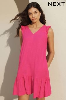 Pink Ruffle Sleeve V-Neck Linen Blend Summer Dress (422028) | 72 zł