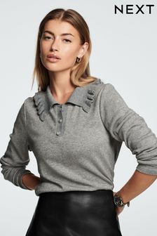 Grey Cosy Long Sleeve Frilled Polo Jumper (422311) | €23