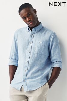 Blue Standard Collar Linen Blend Long Sleeve Shirt (422338) | $52