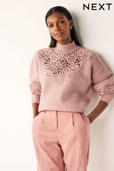Blush Pink Embellished Crochet High Neck Jumper (422934) | €35