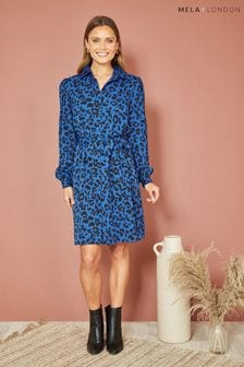 Mela Blue Animal Print Long Sleeve Shirt Dress (423420) | kr519