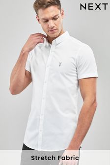 White Slim Fit Short Sleeve Stretch Oxford Shirts (423686) | R391