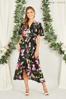 Mela Black Floral Wrap Midi Dress With Frills (423701) | SGD 87