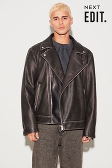 Black PU Leather Washed Biker Jacket (426878) | ₪ 241