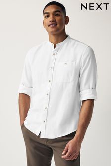 White Grandad Collar Linen Blend Long Sleeve Shirt (428835) | $52