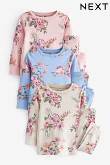 Roze/blauw/ecru - Set van 3 pyjama's met bloemenprint (9 mnd-16 jr) (429571) | €40 - €57