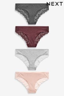 Grey Marl/Pink/Plum - Lace Trim Cotton Blend Knickers 4 Pack (430663) | BGN39