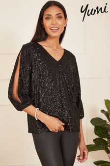Yumi Black Sequin Slit Sleeve Top (432882) | $64