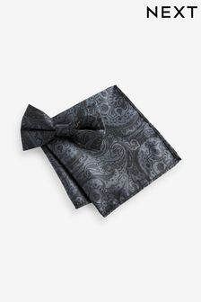 Black/Silver Paisley Bow Tie And Pocket Square Set (437809) | $24