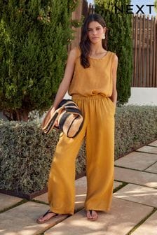 Amarillo mostaza - Pantalones de pernera ancha de 100 % lino de calidad superior (437947) | 66 €