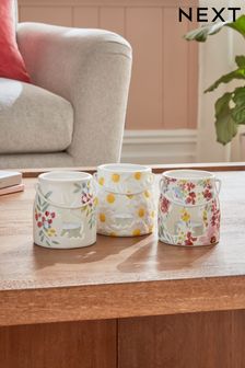 Set of 3 Multi Bunny and Floral Ceramic Tealight Lanterns
