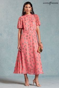 Love & Roses Pink Printed Metallic Flutter Sleeve Midi Dress (438852) | kr883