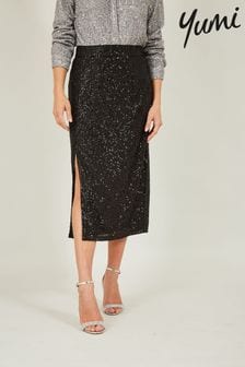 Yumi Black Sequin Fitted Skirt With Front Slit (439557) | CA$128