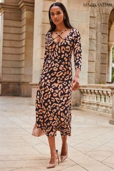 Sosandar Black/Brown Leopard Print Cross Strap Midi Dress (439623) | €99