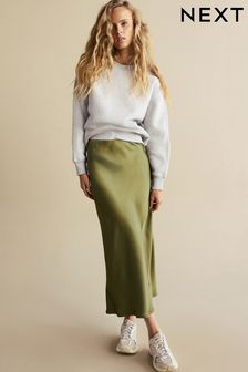 Khaki Green Satin Midi Skirt (440197) | KRW62,100