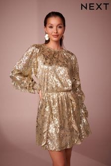 Gold Mini Jaquard Ruffle Dress (440377) | KRW133,900