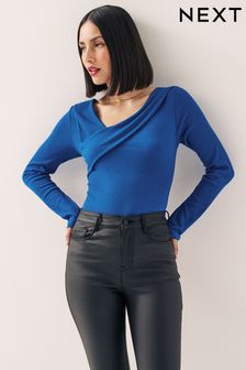 Blue Asymmetric Long Sleeve Ribbed Top (440844) | AED25