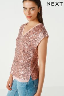 Pink Sequin V-Neck Top (441127) | AED120