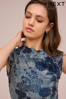 Denim Blue Lettuce Hem Short Sleeve Marbled Floral Top (442619) | $36