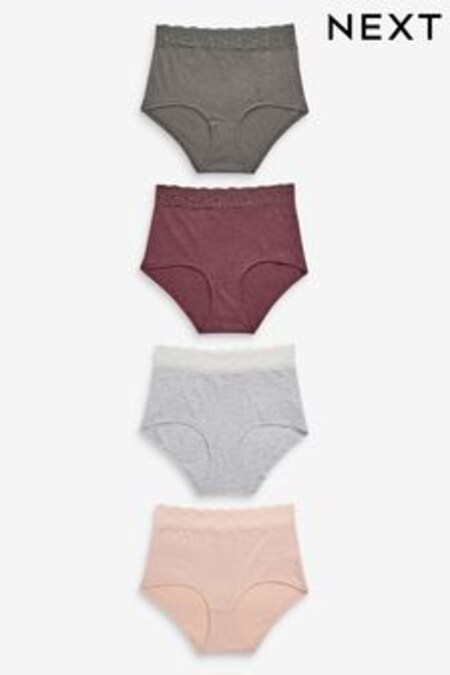 Grey Marl/Pink/Plum Full Brief Lace Trim Cotton Blend Knickers 4 Pack (442647) | OMR8