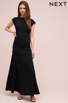 Black Ruched Cap Sleeve A-Line Maxi Dress (443461) | LEI 266